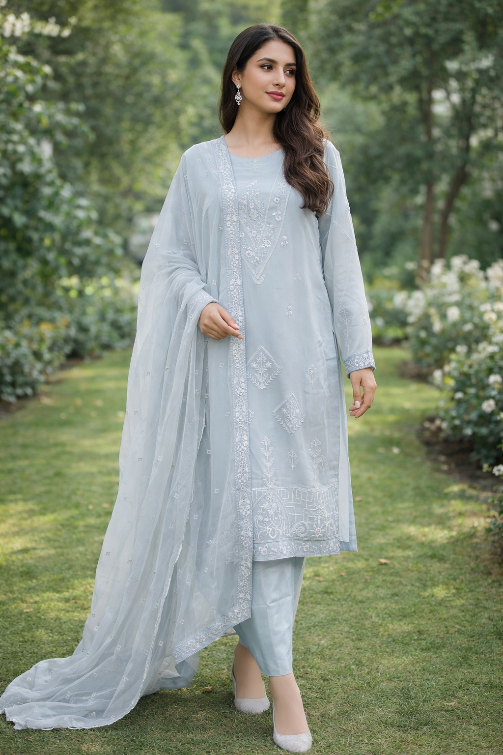 Khilat by Hera – Cool Blue-Grey Embroidered Chiffon 3-Piece Unstitched Suit