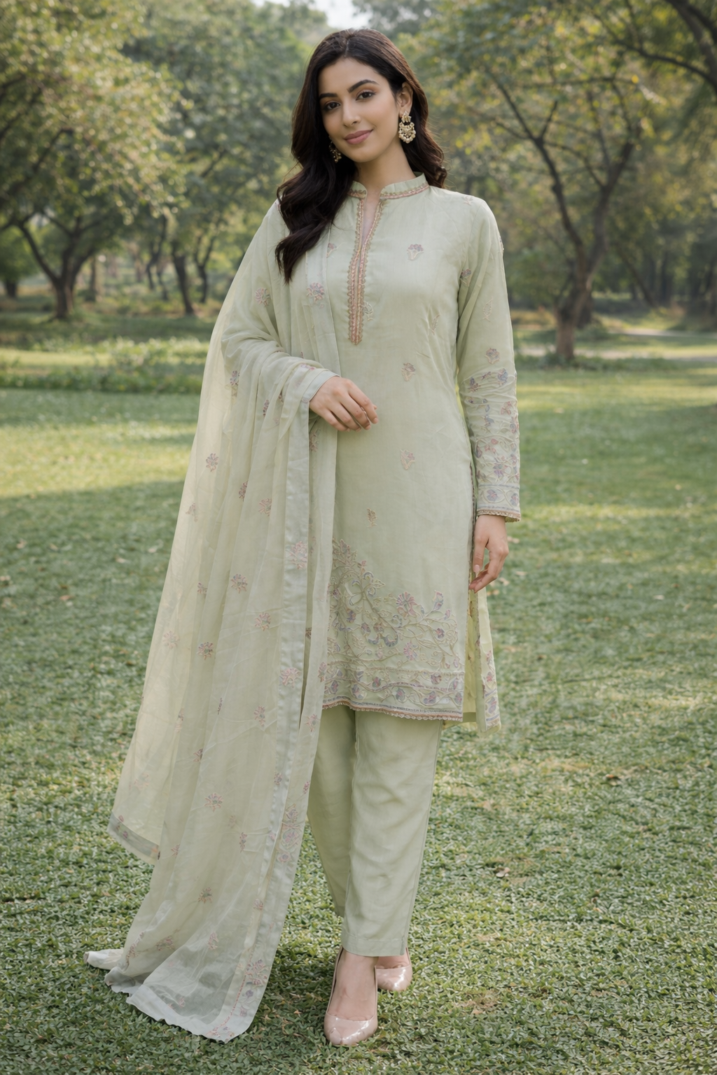 Khilat by Hera – Pistachio Green Embroidered Chiffon 3-Piece Unstitched Suit