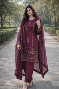 Khilat by Hera – Deep Plum Embroidered Chiffon 3-Piece Unstitched Suit