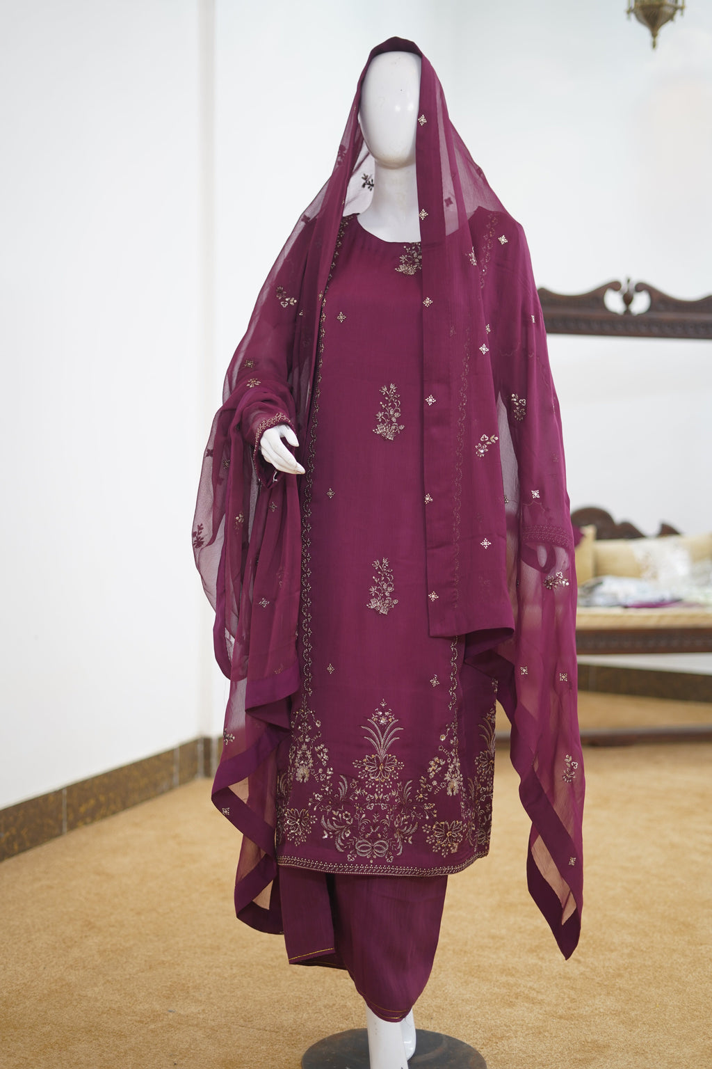 Khilat by Hera – Deep Plum Embroidered Chiffon 3-Piece Unstitched Suit