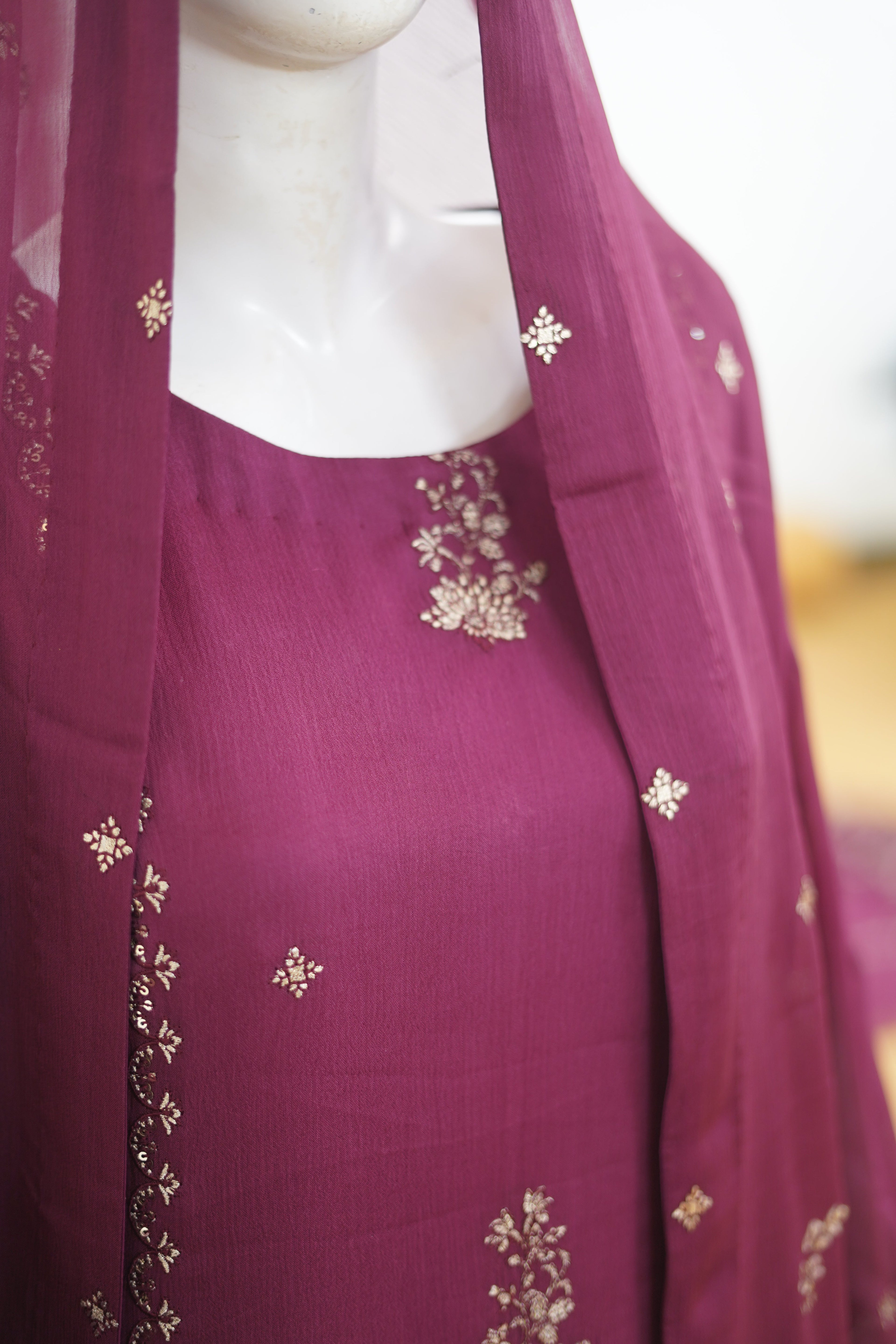 Khilat by Hera – Deep Plum Embroidered Chiffon 3-Piece Unstitched Suit