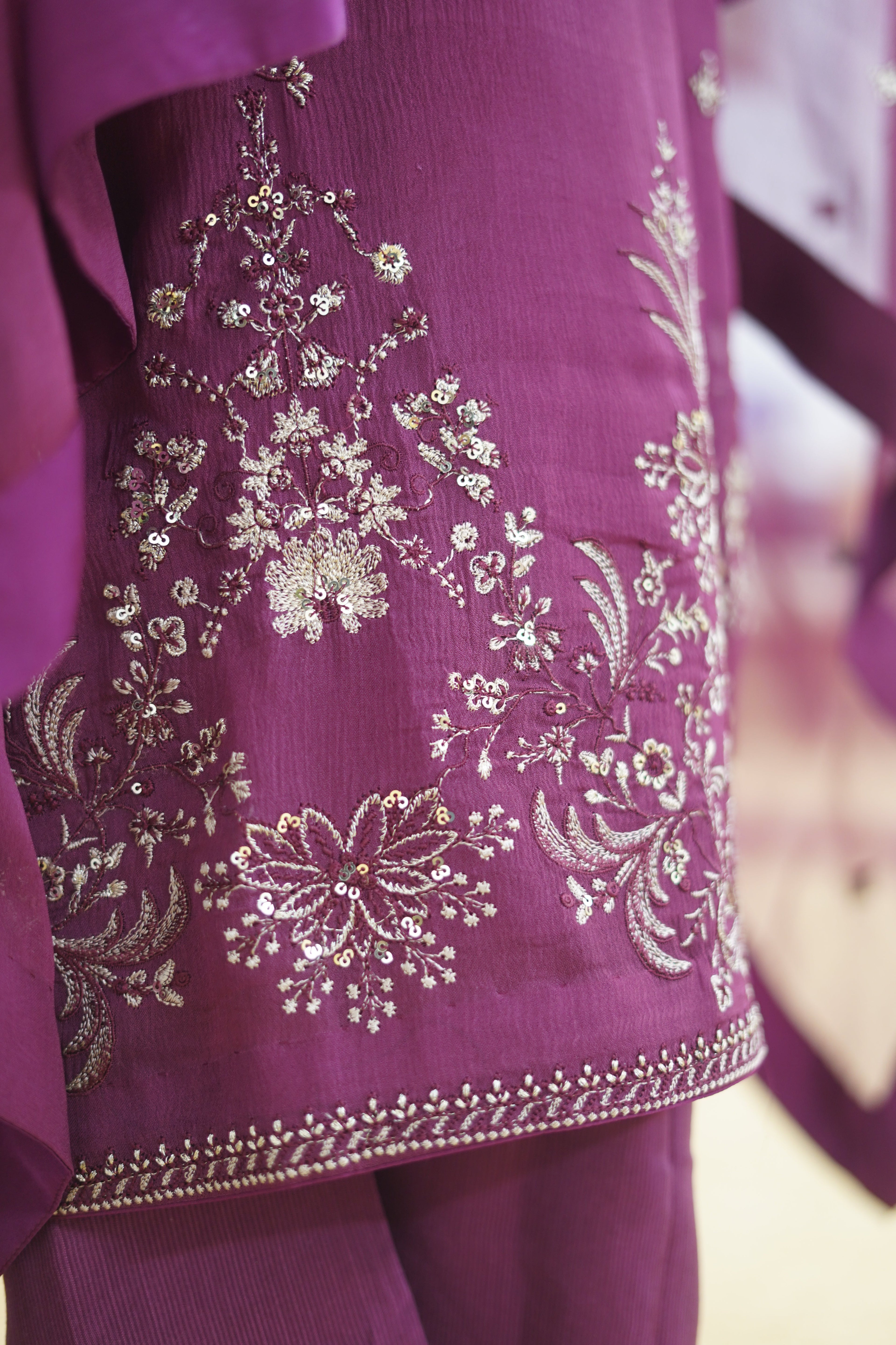 Khilat by Hera – Deep Plum Embroidered Chiffon 3-Piece Unstitched Suit