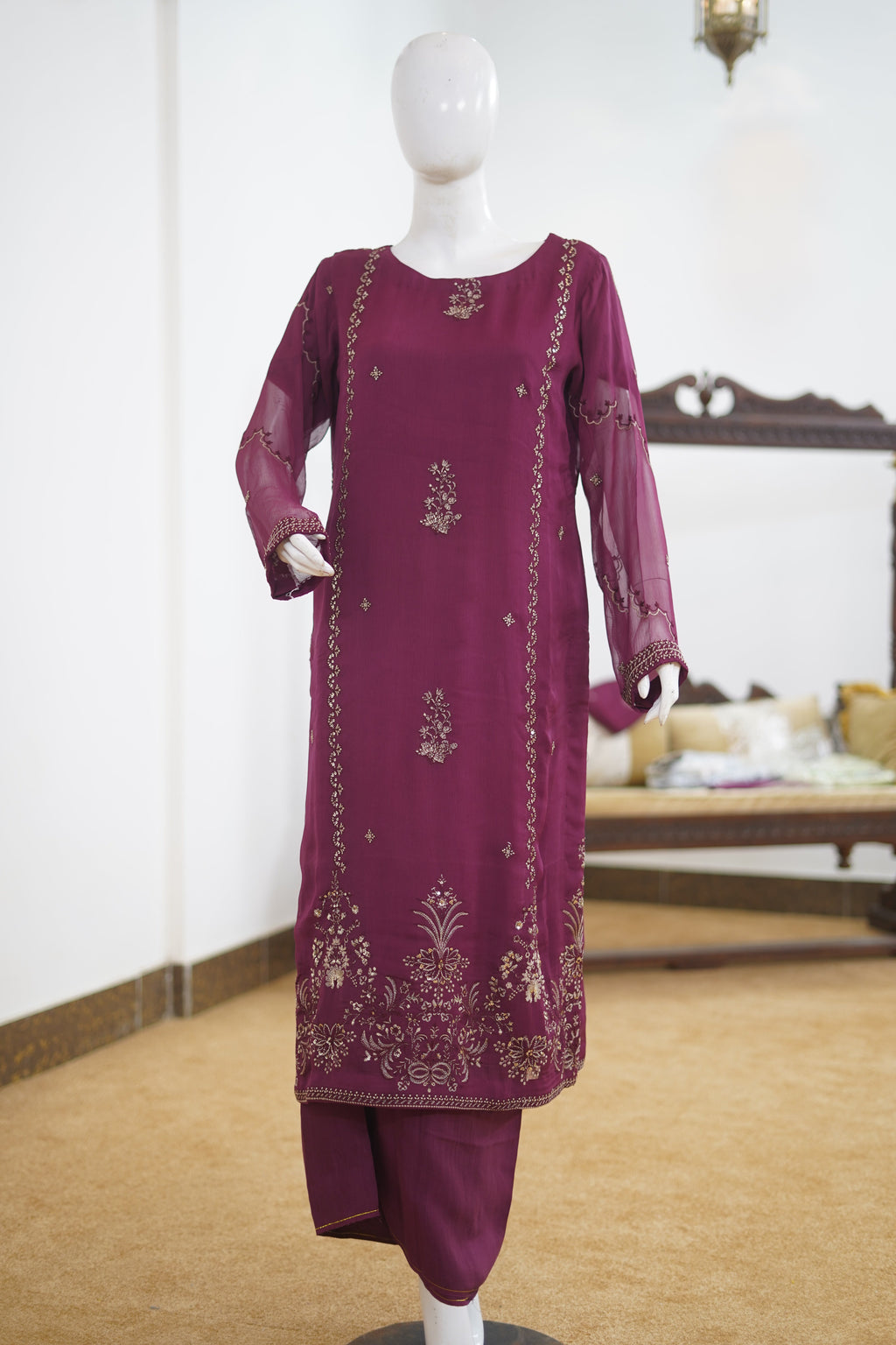 Khilat by Hera – Deep Plum Embroidered Chiffon 3-Piece Unstitched Suit