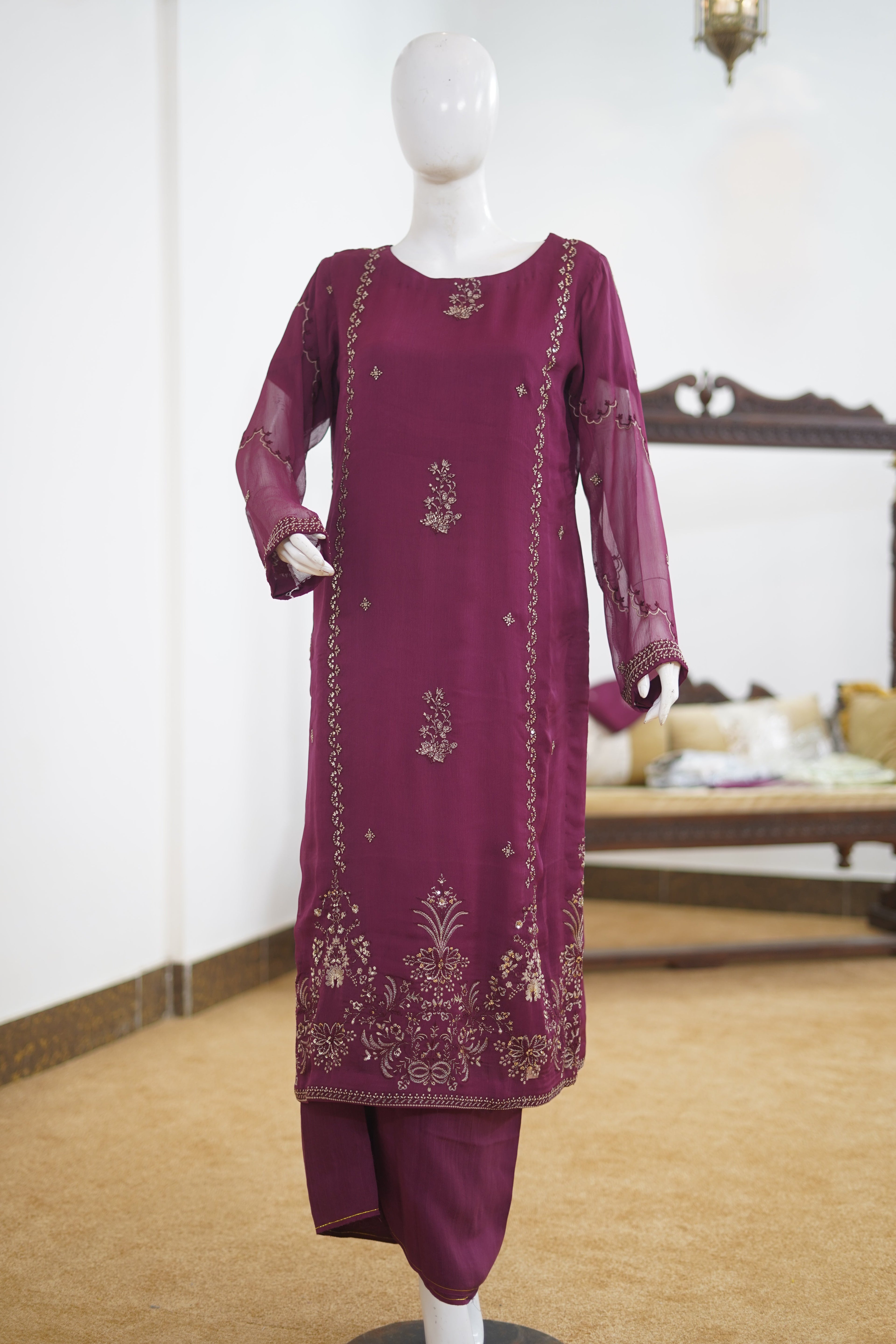 Khilat by Hera – Deep Plum Embroidered Chiffon 3-Piece Unstitched Suit