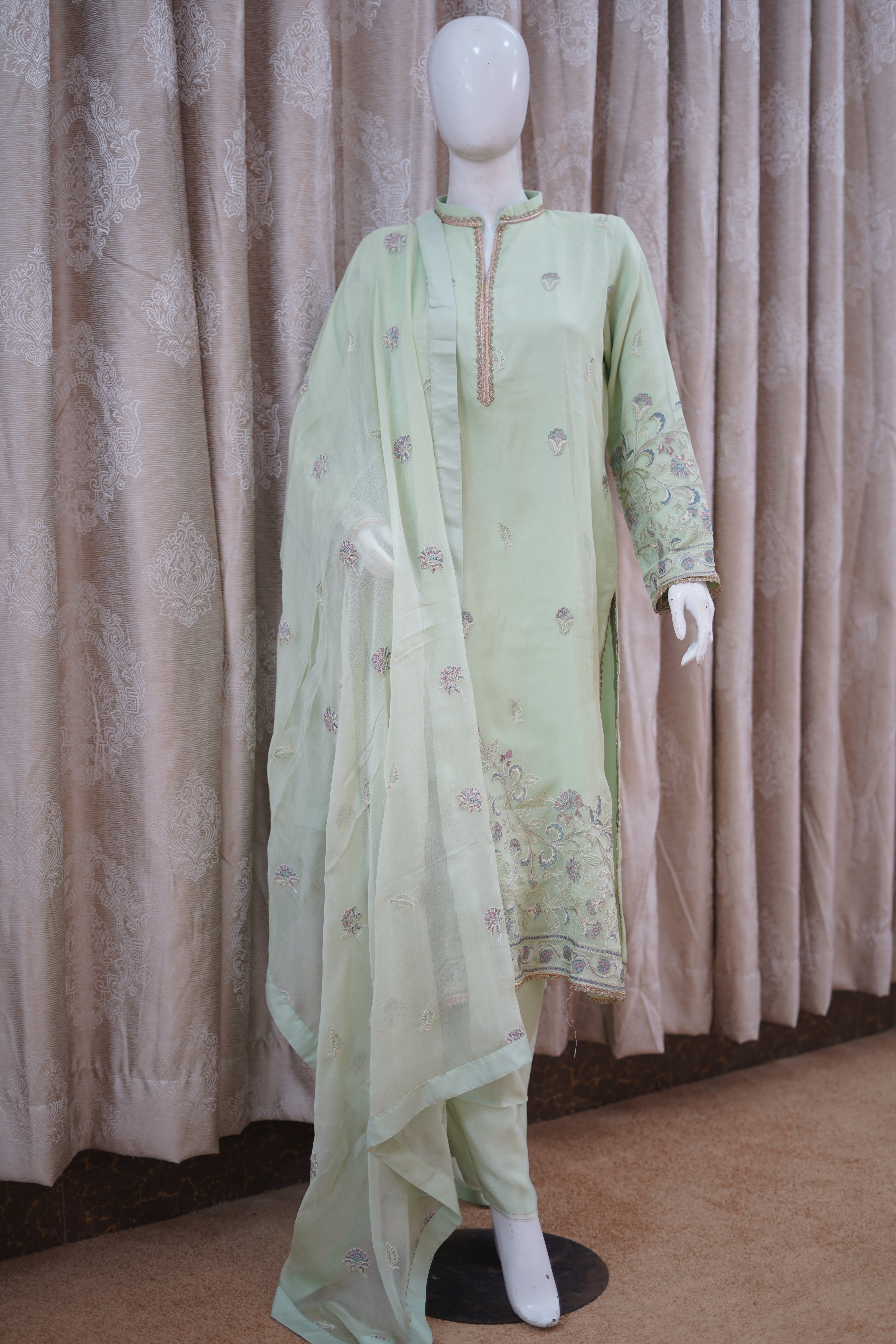 Khilat by Hera – Pistachio Green Embroidered Chiffon 3-Piece Unstitched Suit