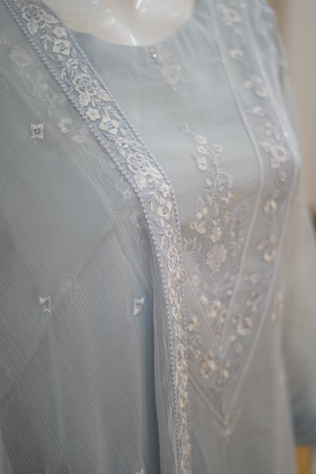 Khilat by Hera – Cool Blue-Grey Embroidered Chiffon 3-Piece Unstitched Suit