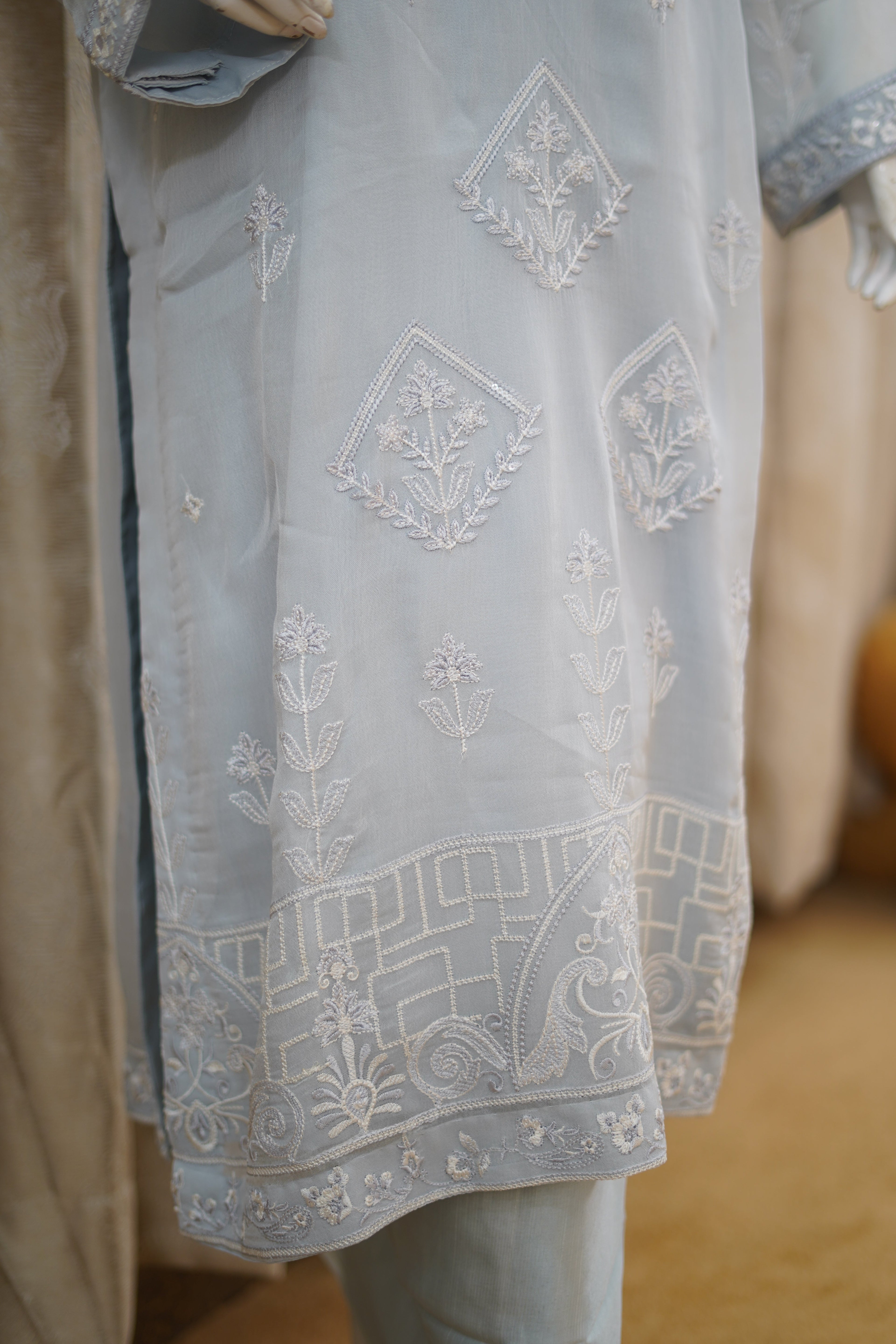 Khilat by Hera – Cool Blue-Grey Embroidered Chiffon 3-Piece Unstitched Suit