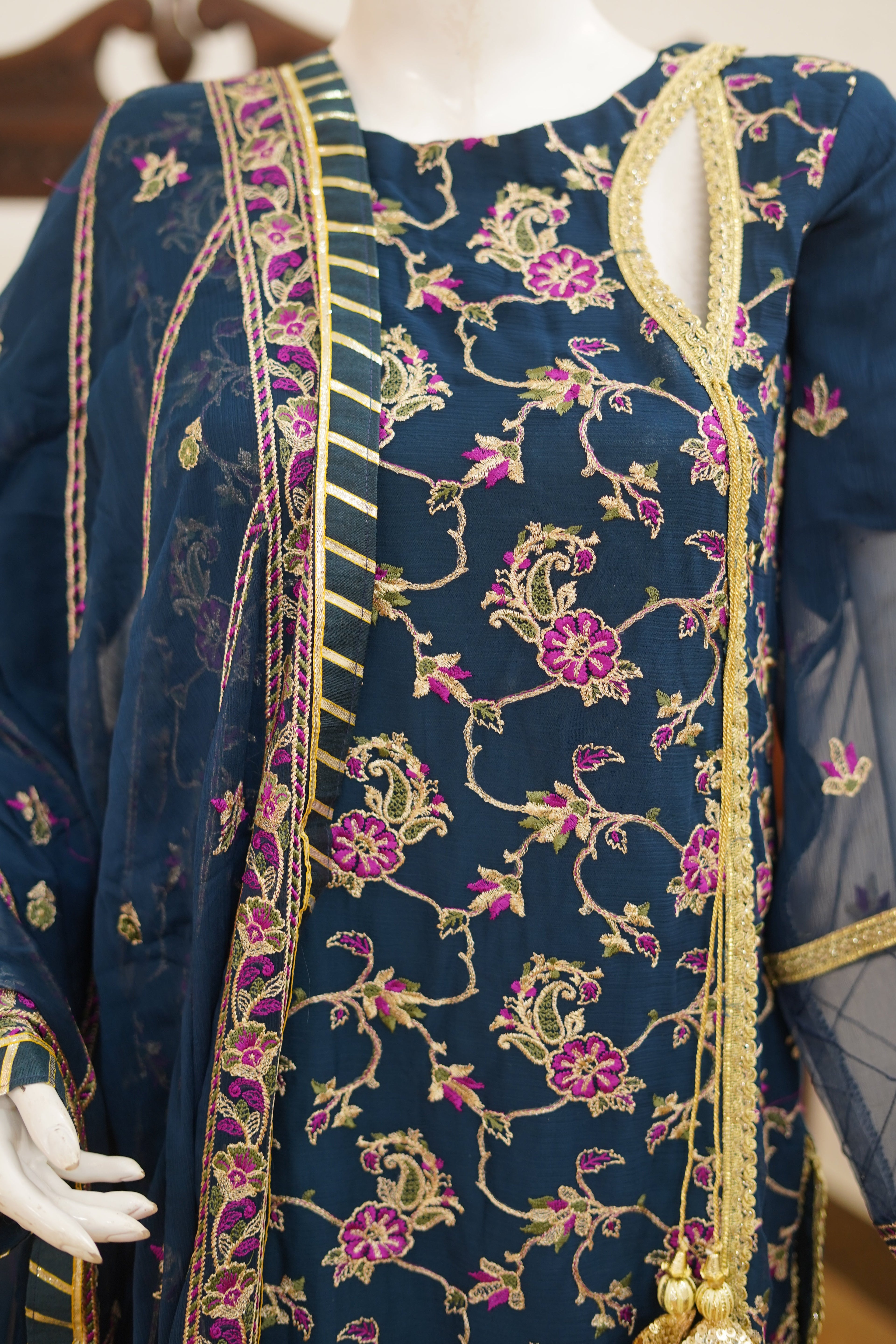 Adriatic Blue Chiffon Embroidered 3-Piece Unstitched Suit