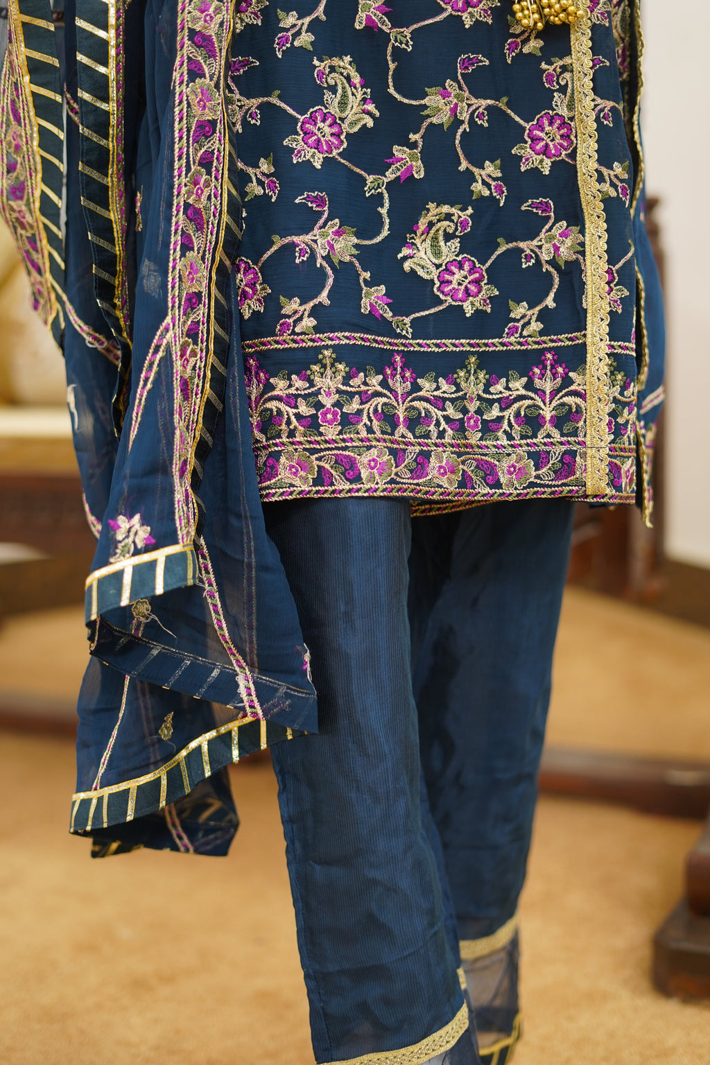 Adriatic Blue Chiffon Embroidered 3-Piece Unstitched Suit
