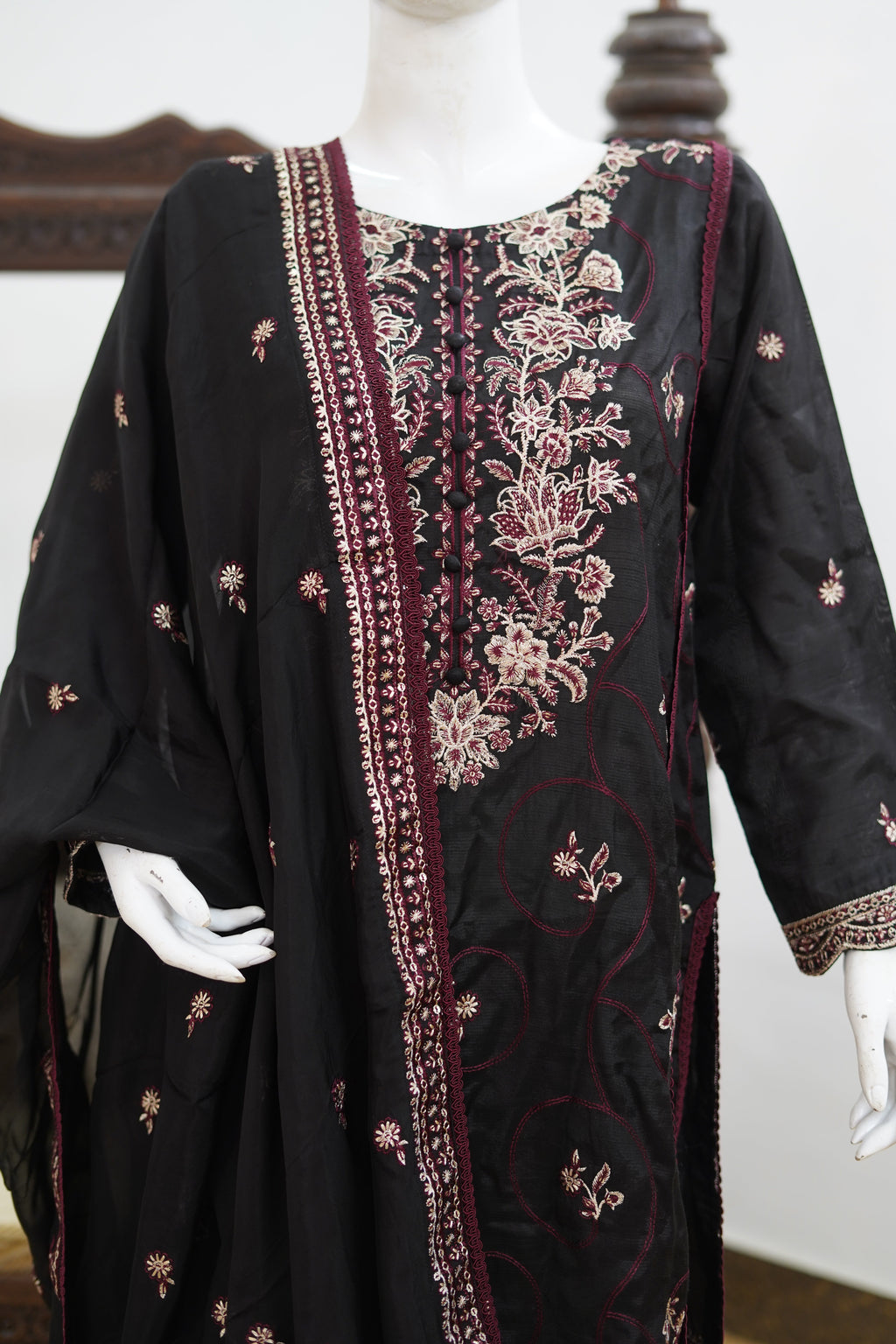 Black Raw silk  Embroidered 3-Piece Unstitched Suit