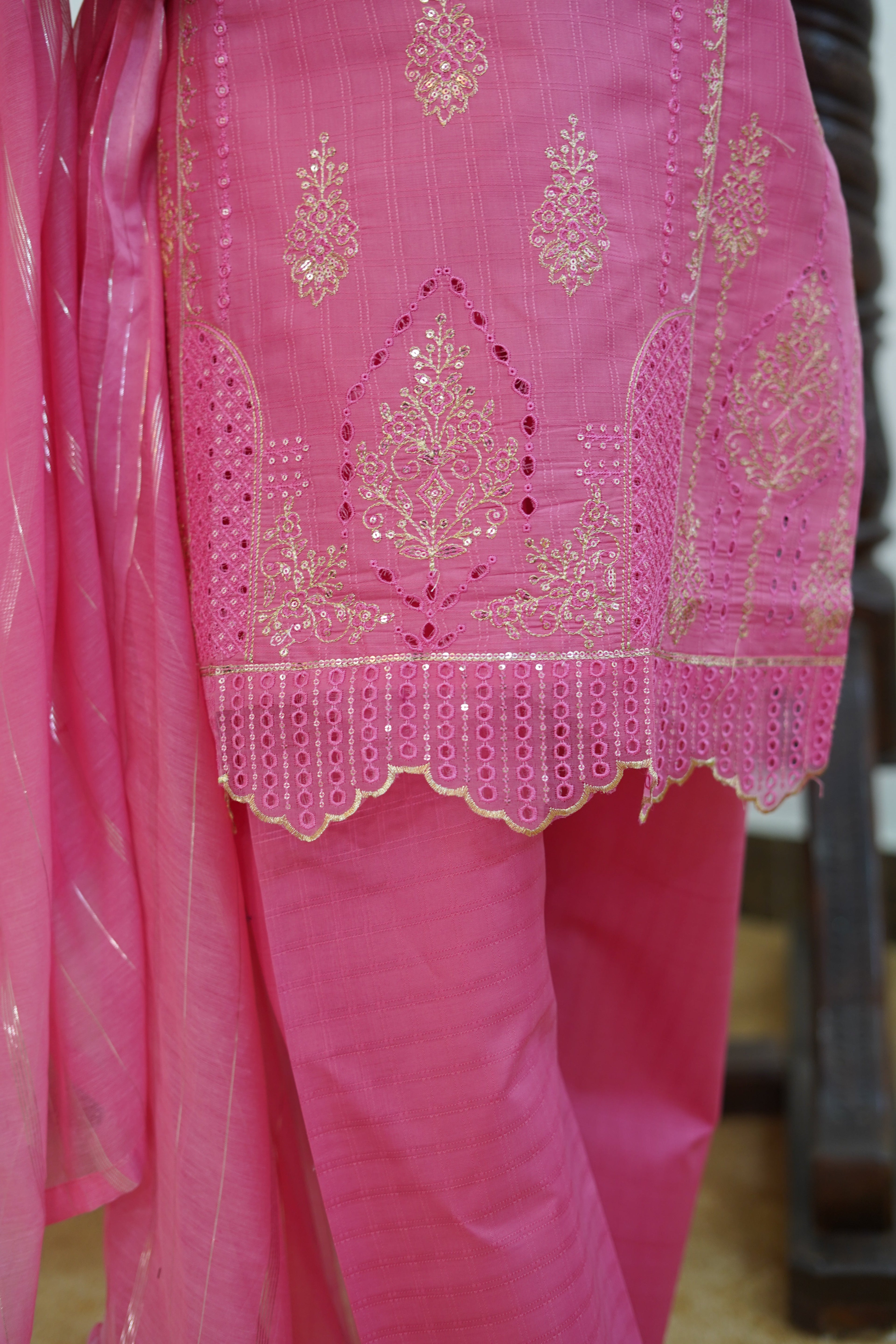 Rosy Pink Cotton 3 Piece Suit