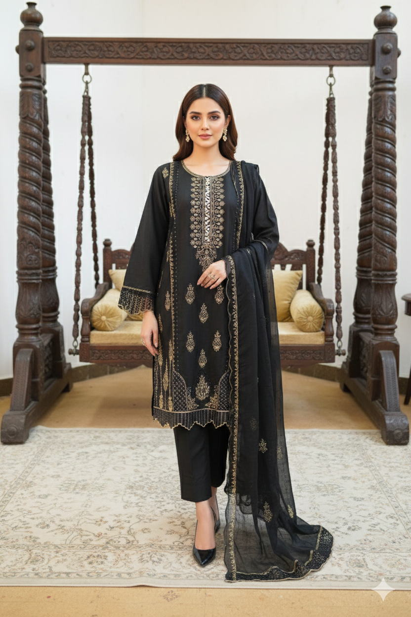 Jet Black Cotton 3 Piece Suit