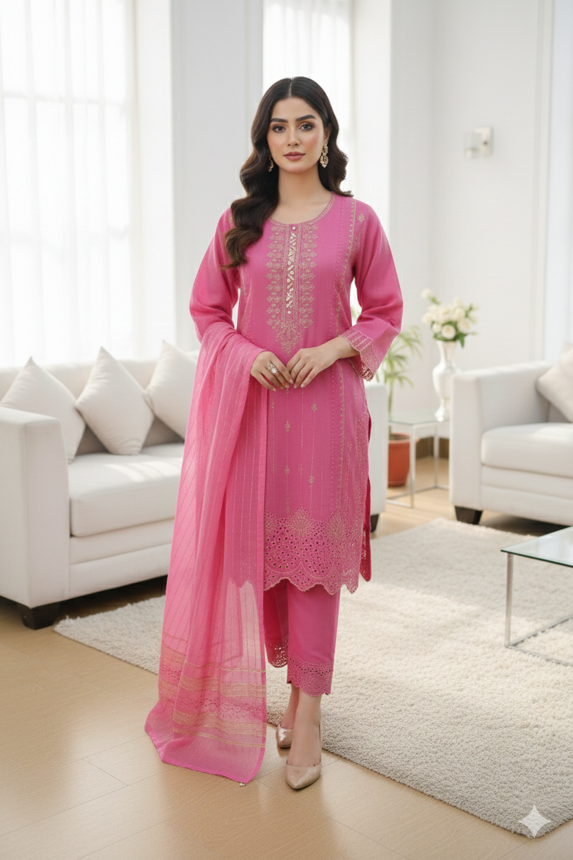 Rosy Pink Cotton 3 Piece Suit