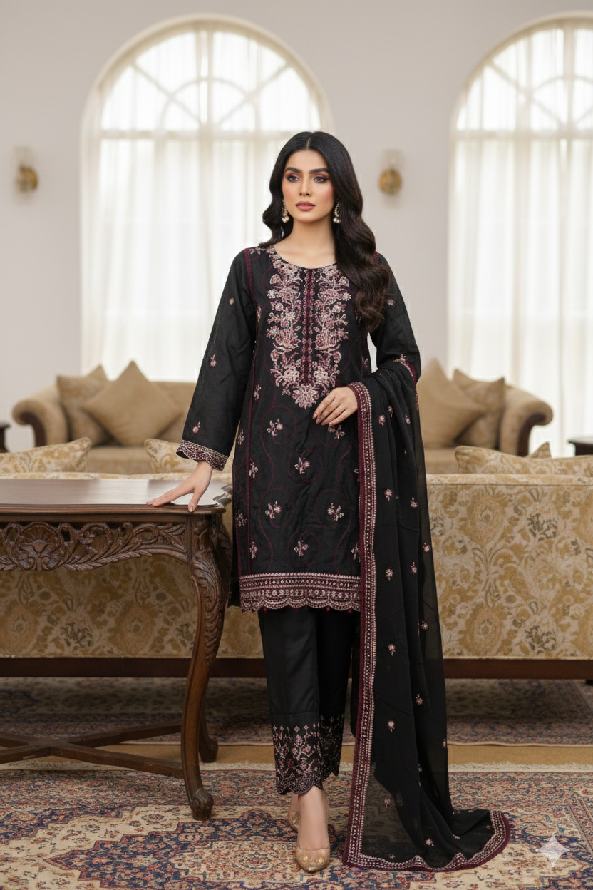 Black Raw silk  Embroidered 3-Piece Unstitched Suit