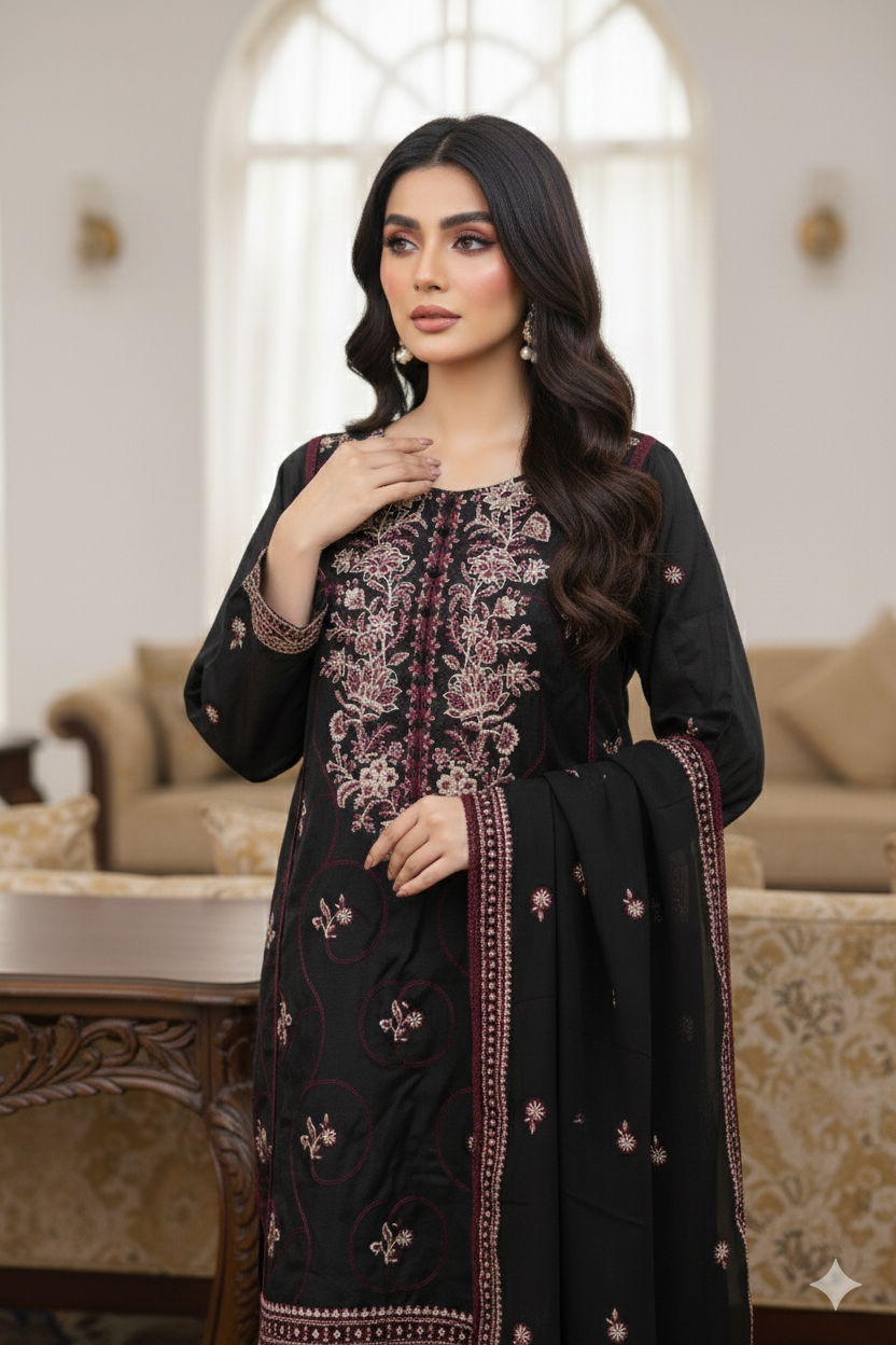Black Raw silk  Embroidered 3-Piece Unstitched Suit