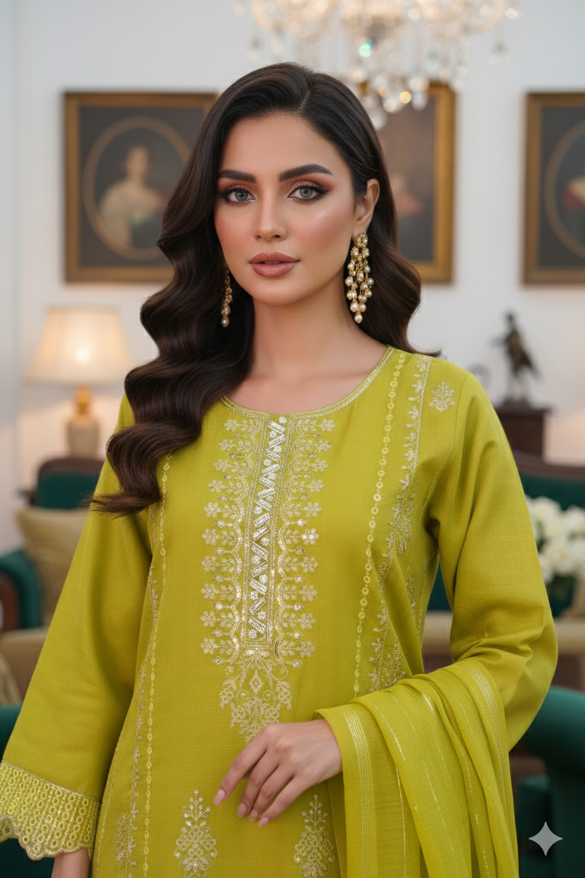 Citrus Olive Cotton 3 Piece Suit