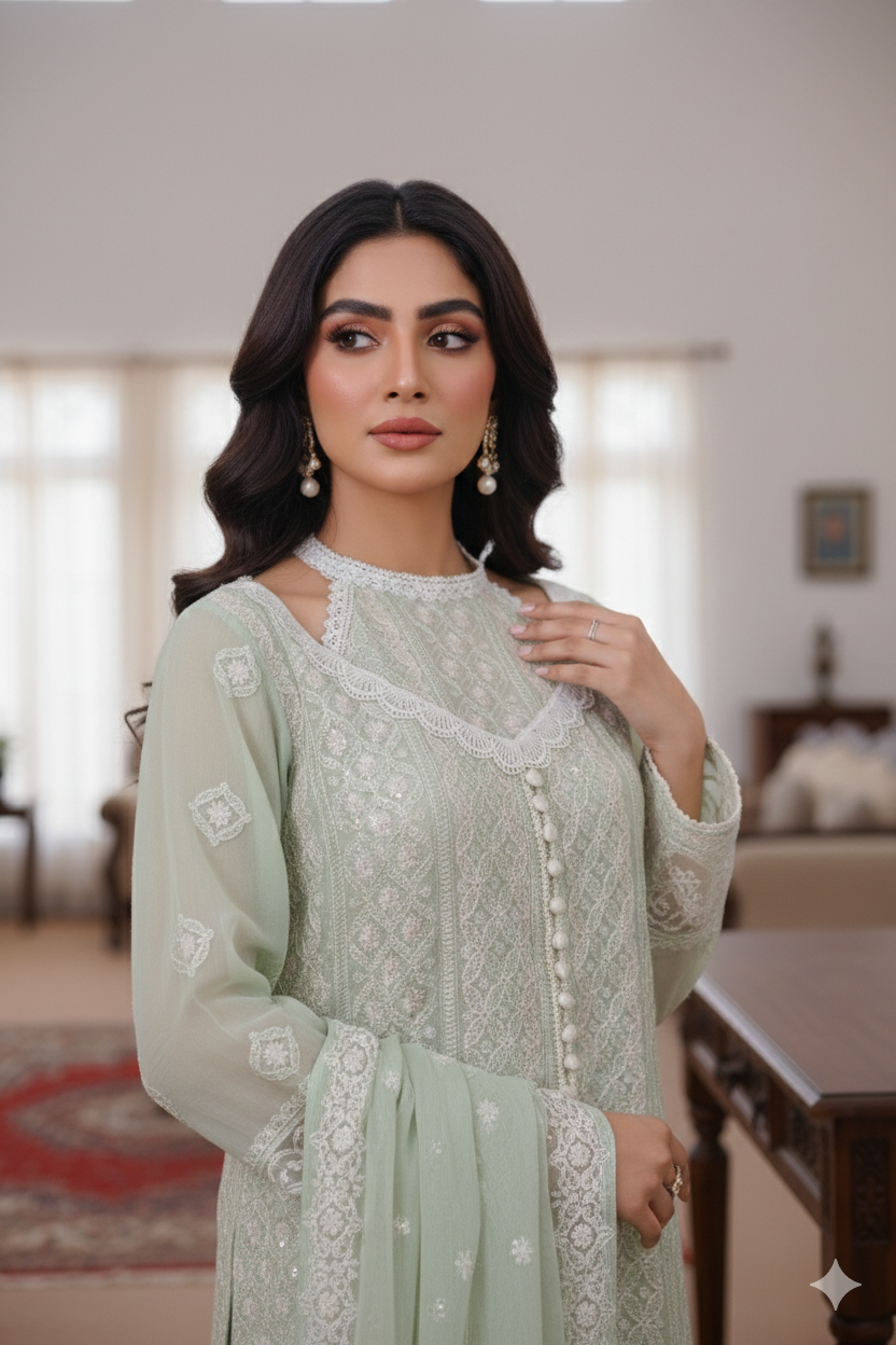 Mint Green Chiffon Embroidered 3 Piece Unstitched Suit