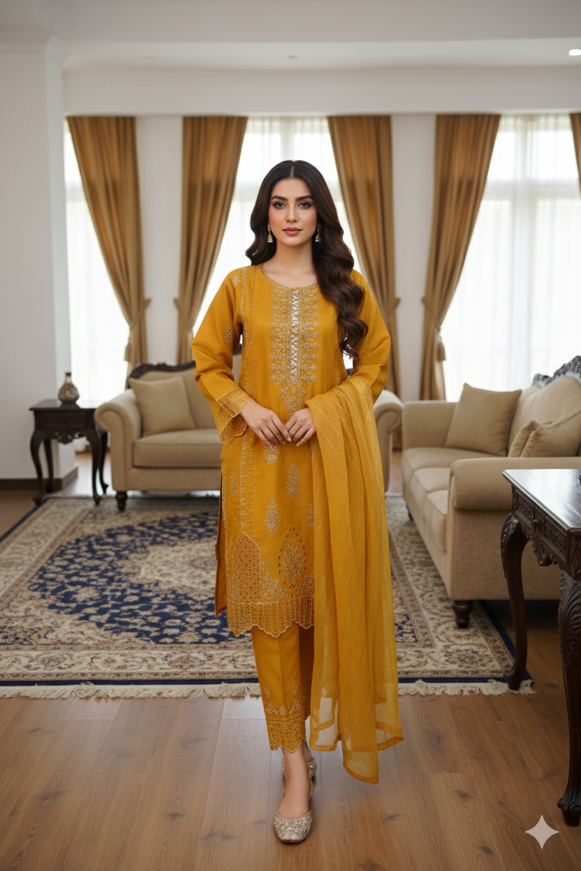 Deep Ochre Cotton 3 Piece Suit