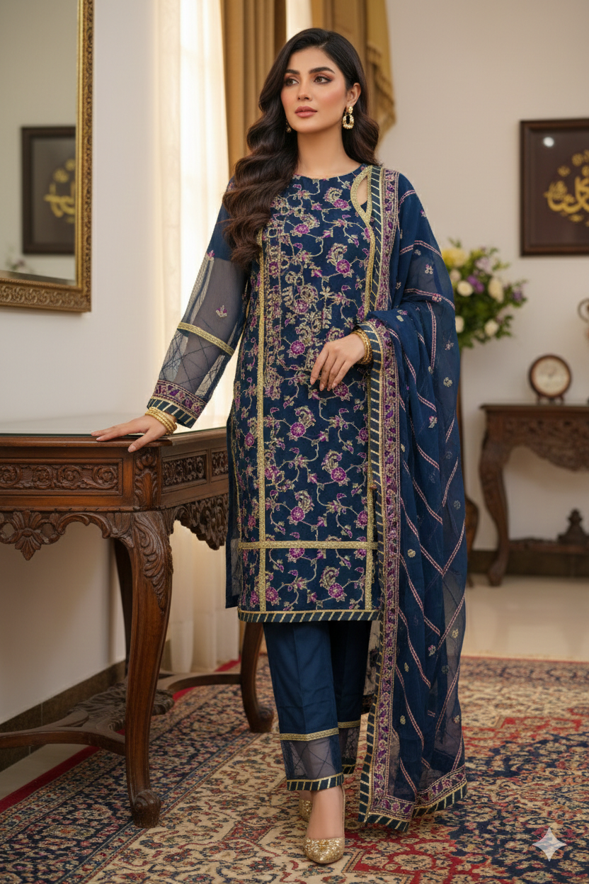 Adriatic Blue Chiffon Embroidered 3-Piece Unstitched Suit