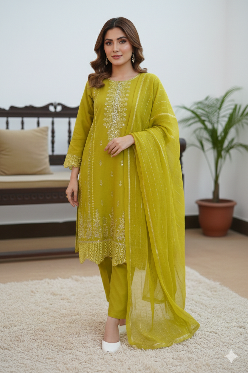 Citrus Olive Cotton 3 Piece Suit