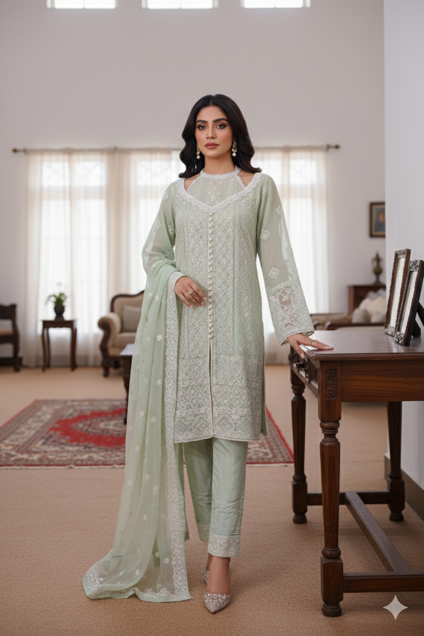 Mint Green Chiffon Embroidered 3 Piece Unstitched Suit