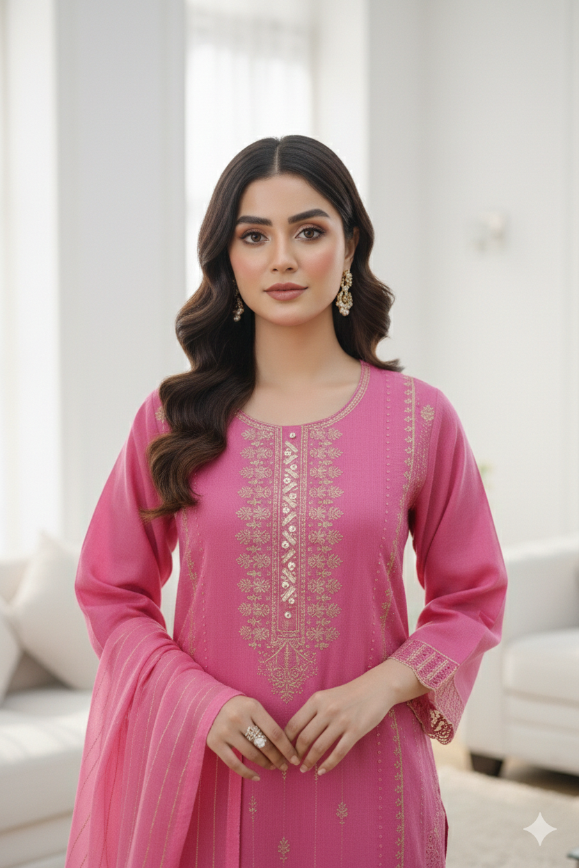 Rosy Pink Cotton 3 Piece Suit
