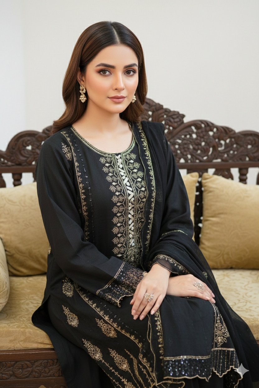 Jet Black Cotton 3 Piece Suit