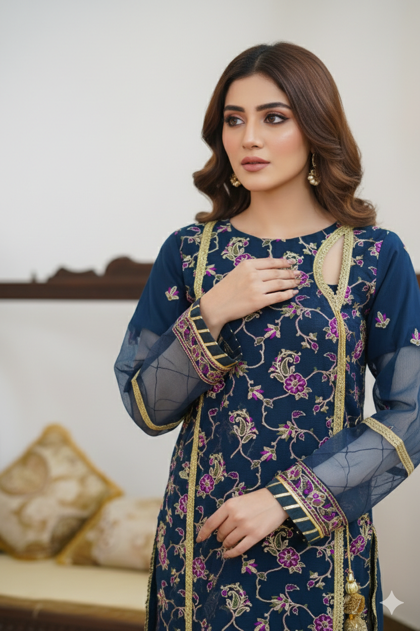 Adriatic Blue Chiffon Embroidered 3-Piece Unstitched Suit