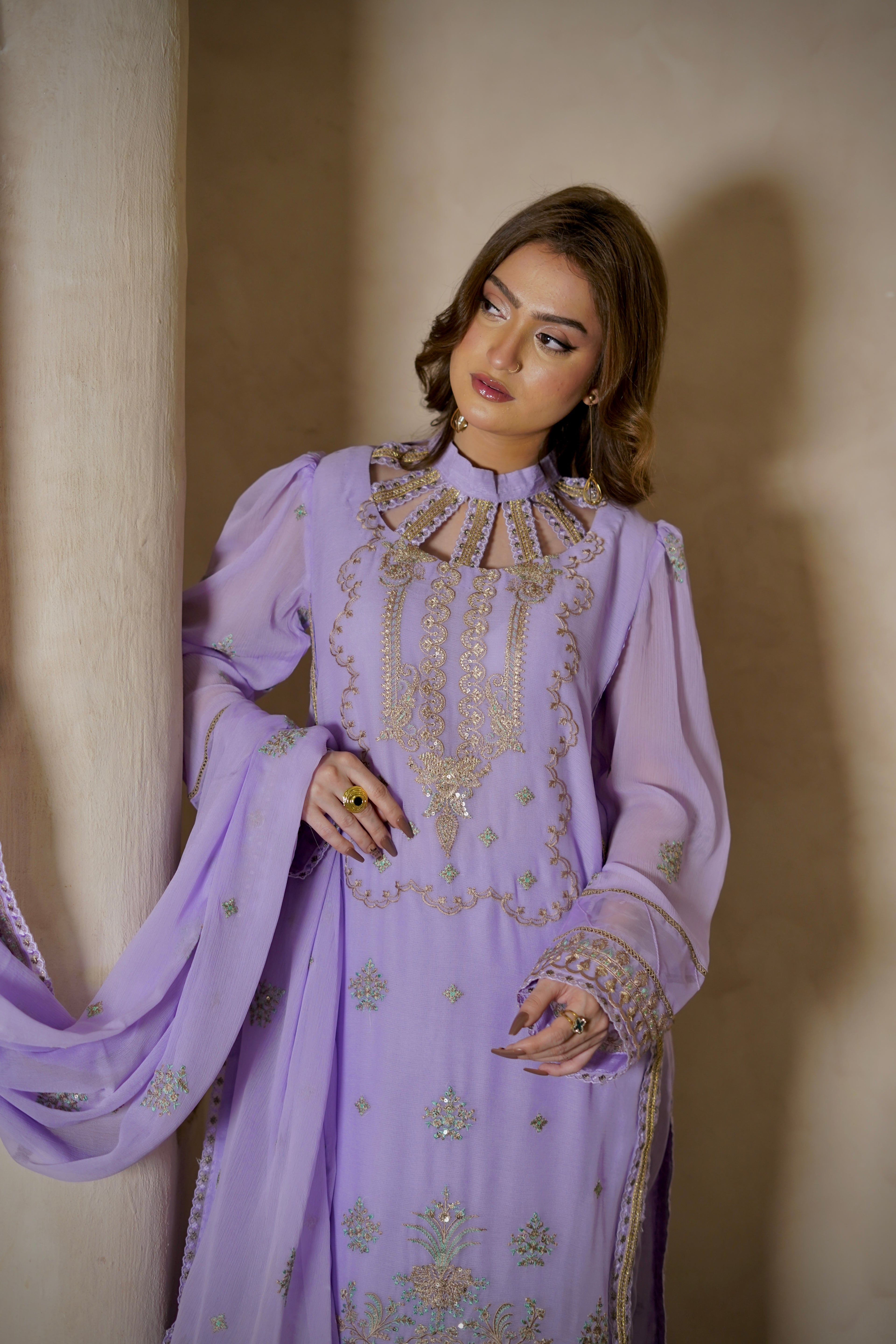 3 Piece Embroidered chiffon Suit with Chiffon Dupatta & Embellished Neckline Unstitched Suit